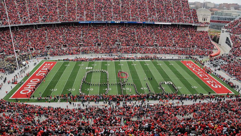 COLUMBUS, OH - NOVEMBER 24: The Ohio State Marching Band performs the Script Ohio before the game against the Michigan Wolverines at Ohio Stadium on November 24, 2012 in Columbus, Ohio. (Photo by Jamie Sabau/Getty Images)