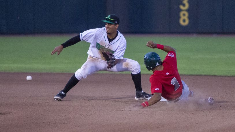 Fort Wayne’s Reinaldo Ilarraza steals second base in the seventh inning Tuesday night as Dragons shortstop Miguel Hernandez waits on the throw from catcher Eric Yang. Jeff Gilbert/CONTRIBUTED