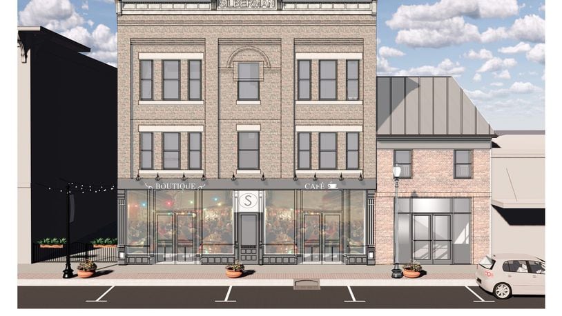 This illustration shows the concept of the front view for a redeveloped Suttman Building at 24-32 S. Main St. in downtown Miamisburg. CONTRIBUTED