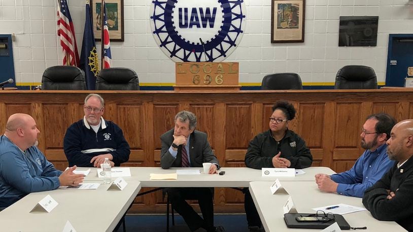 U.S. Sen. Sherrod Brown, D-Ohio, held a roundtabled discussion on NAFTA in Dayton at the United Autoworkers Local 696 union hall earlier this month. LYNN HULSEY/STAFF