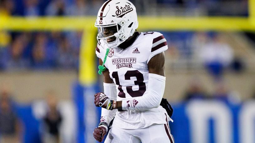 Mississippi State cornerback Emmanuel Forbes celebrates after a fumble by Kentucky during the first half of an NCAA college football game in Lexington, Ky., Saturday, Oct. 15, 2022. (AP Photo/Michael Clubb)