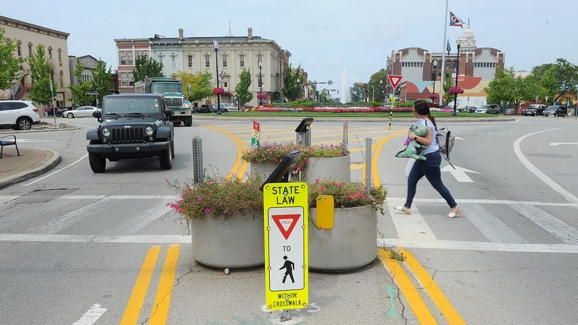 This 2021 photo shows the crosswalks on the edge of Troy's Public Square at the center of downtown. MARSHALL GORBY\STAFF