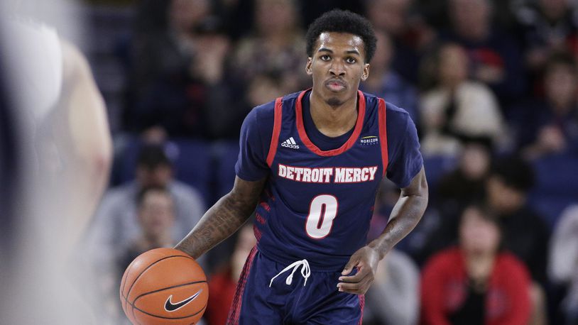 FILE - Detroit Mercy guard Antoine Davis (0) brings the ball up the court during the first half of an NCAA college basketball game against Gonzaga in Spokane, Wash., on Dec. 30, 2019. (AP Photo/Young Kwak, File)