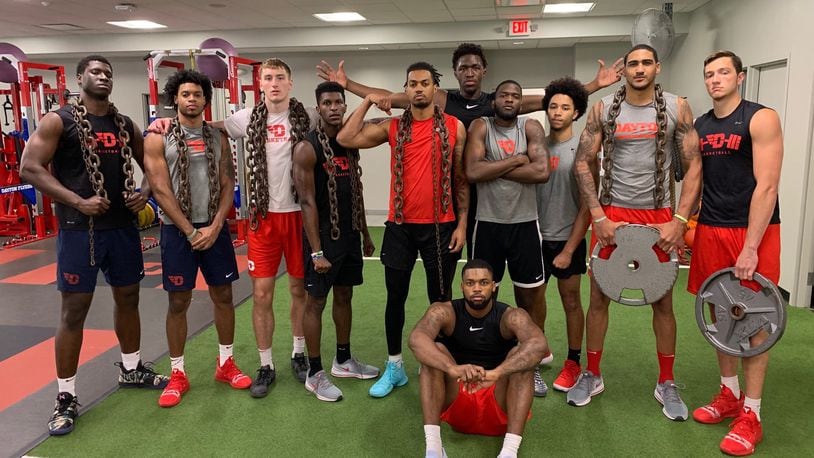 The Dayton Flyers pose during an offseason workout for strength and conditioning coach Ed Streit, who left in August for a job with the Lakers. Submitted photo