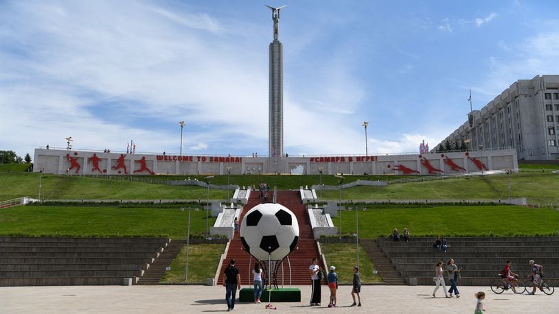 SAMARA, RUSSIA - JUNE 14:  A general view of Football activity infront of the Monument of Glory statue in Samara prior to the 2018 FIFA World Cup i on June 14, 2018 in Samara, Russia.  (Photo by Stu Forster/Getty Images)