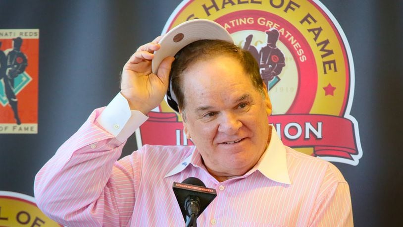 Cincinnati Reds great Pete Rose talks about being inducted to the Reds Hall of Fame during an announcement at Great American Ballpark, Tuesday, Jan. 19, 2016. GREG LYNCH / STAFF