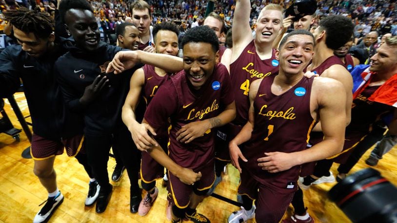 ATLANTA, GA - MARCH 24:  The Loyola Ramblers celebrate after defeating the Kansas State Wildcats during the 2018 NCAA Men's Basketball Tournament South Regional at Philips Arena on March 24, 2018 in Atlanta, Georgia. Loyola defeated Kansas State 78-62 to advance to the Final Four.  (Photo by Kevin C. Cox/Getty Images)