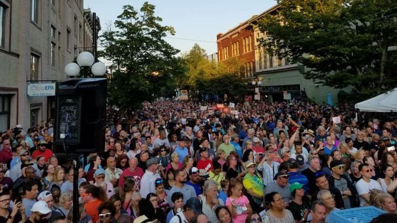 A candlelight vigil was held in Dayton's Oregon District on Aug. 4, 2019. Earlier that morning a gunman killed nine people and caused 17 others to be injured. Dayton police killed the gunman. Governor Mike DeWine was met with shouts of “Do something” from the crowd, amid frustration over another mass shooting.