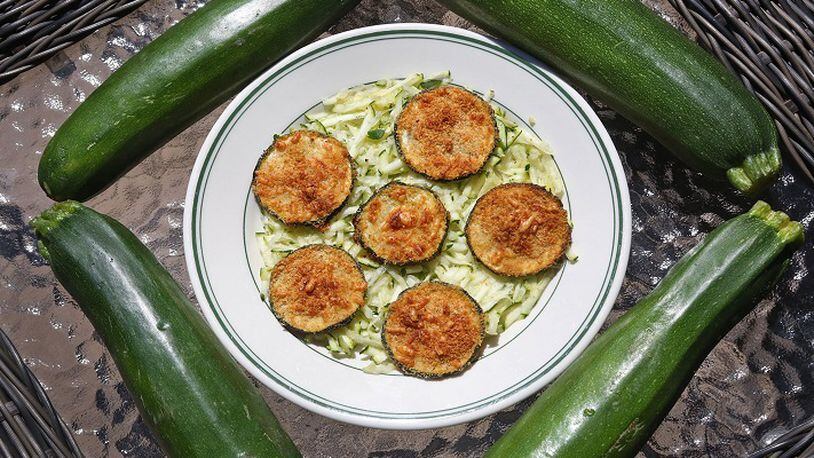 Zucchini Parmesan Crisps float on a bed of shredded zucchini on Wednesday, Aug. 23, 2017, in St. Louis. (J.B. Forbes/St. Louis Post-Dispatch/TNS)