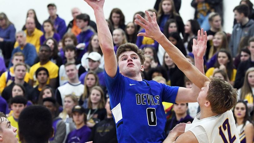 Brookville senior guard Jacob Gudorf (shooting) is first in the SWBL in assists and among the top three in points, rebounds and steals. NICK FALZERANO / NICHOLAS STUDIO