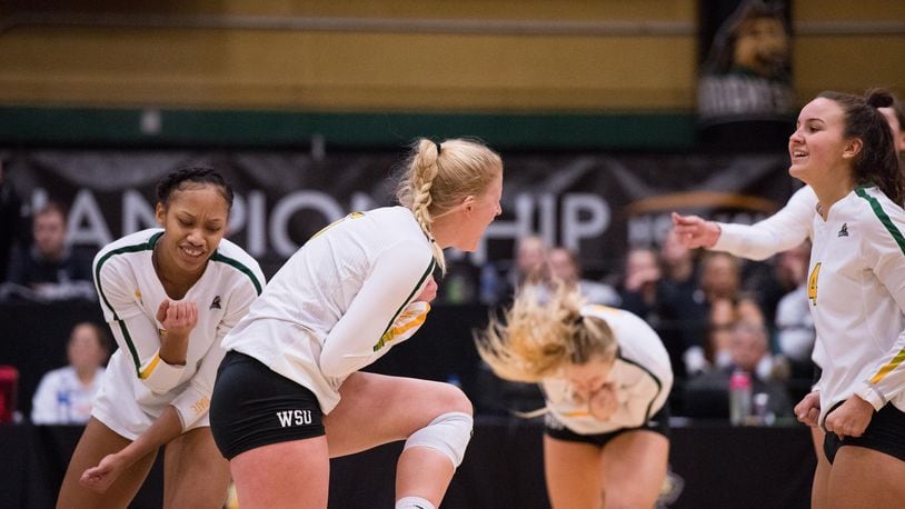 Wright State celebrates a point during a match against Northern Kentucky on Nov. 23, 2019. Joseph Craven/WSU Athletics