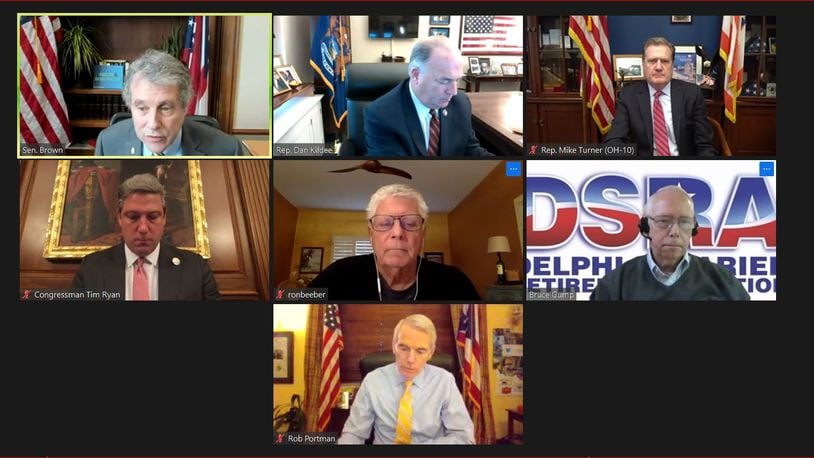 Screen capture of the virtual press conference in March by members of Congress who introduced legislation to make whole salaried retirees of Delphi.