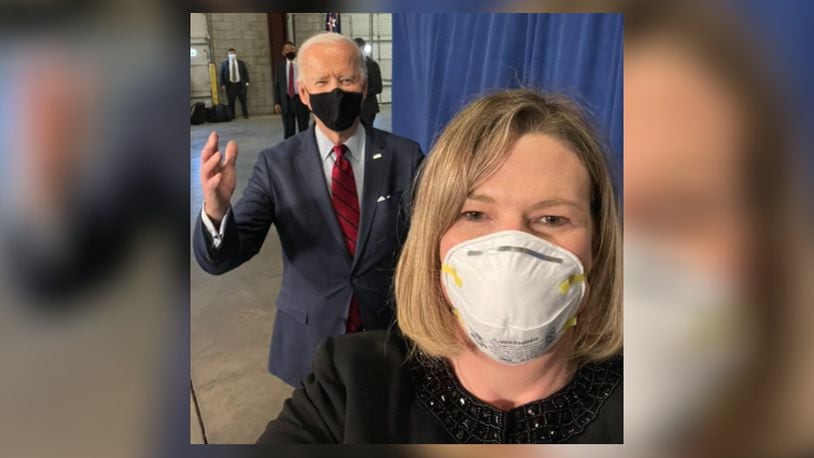 Dayton Mayor Nan Whaley shared a selfie with President Joe Biden during his visit in Columbus on Tuesday, March 23, 2021.