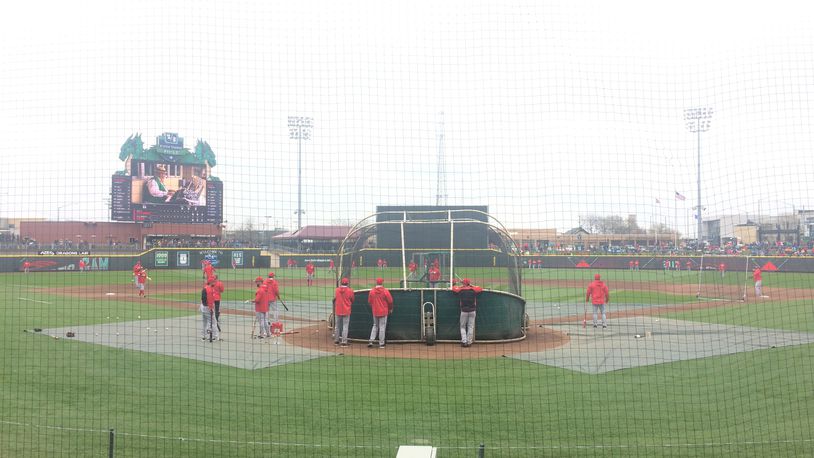The view from behind home plate prior to the Reds Futures game in Dayton on April 1.