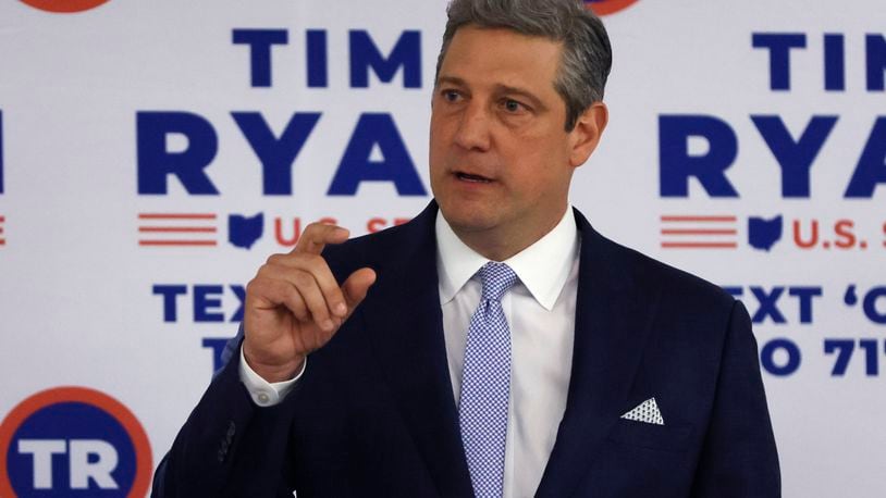 Rep. Tim Ryan, D-Ohio, running for an open U.S. Senate seat in Ohio, speaks to supporters after the polls closed on primary election day Tuesday, May 3, 2022, in Columbus, Ohio. (AP Photo/Jay LaPrete)