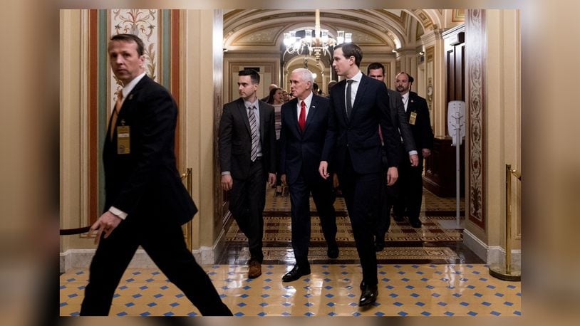 Vice President Mike Pence and Jared Kushner leave the Capitol after a long day of negotiations regarding the government shutdown, Dec. 21, 2018. The federal government headed toward a partial shutdown late Friday night as White House officials and congressional leaders struggled to break an impasse over President Trump's repeated demands for money to build a wall on the southern border. (Erin Schaff/The New York Times)