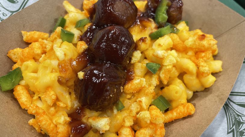 Opening Day is right around the corner at Day Air Ballpark. Pictured is the BBQ Meatball Mac and Cheese Bowl. NATALIE JONES/STAFF