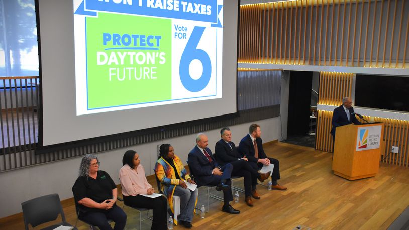 Dayton leaders and community members on Monday, Feb. 12, 2024, kicked off a campaign to pass Issue 6, which is an income tax renewal measure. CORNELIUS FROLIK / STAFF