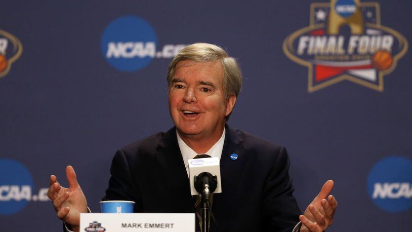 HOUSTON, TEXAS - MARCH 31:  National Collegiate Athletic Association President Mark Emmert speaks during a press conference prior to the 2016 NCAA Men's Final Four at NRG Stadium on March 31, 2016 in Houston, Texas.  (Photo by Streeter Lecka/Getty Images)