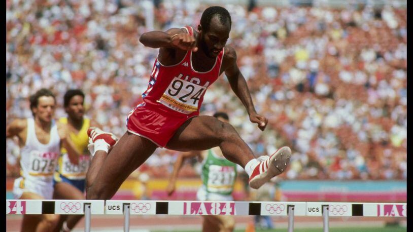Aug 1984: Edwin Moses of the USA clears a hurdle on his way to the gold medal in the 400m hurdles during the 1984 Summer Olympics at the Los Angeles Memorial Coliseum in Los Angeles, California. Mandatory Credit: David Cannon/Allsport