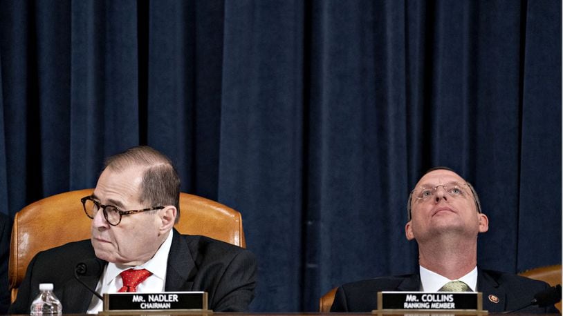 Democratic Chairman Jerry Nadler, left, and Republican Ranking Member Doug Collins attend the House Judiciary Committee’s markup of House Resolution 755, Articles of Impeachment Against President Donald Trump, on Capitol Hill on Dec. 12, 1029 in Washington, D.C. (Andrew Harrer/POOL/AFP/Getty Images/TNS)
