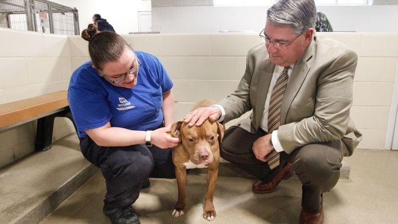 Robert Gruhl, director of the Montgomery County Animal Resource Center, was put in charge of overhauling the shelter in December after an independent review raised alarm about shelter operations. Gruhl is pictured at the ARC with Brittany Gibson, an animal care provider. CHRIS STEWART / STAFF