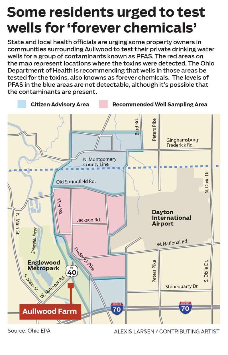 The Ohio Department of Health issued this map urging property owners in the pink area to test their wells for a group of toxic chemicals. 
ALEXIS LARSEN / CONTRIBUTING ARTIST