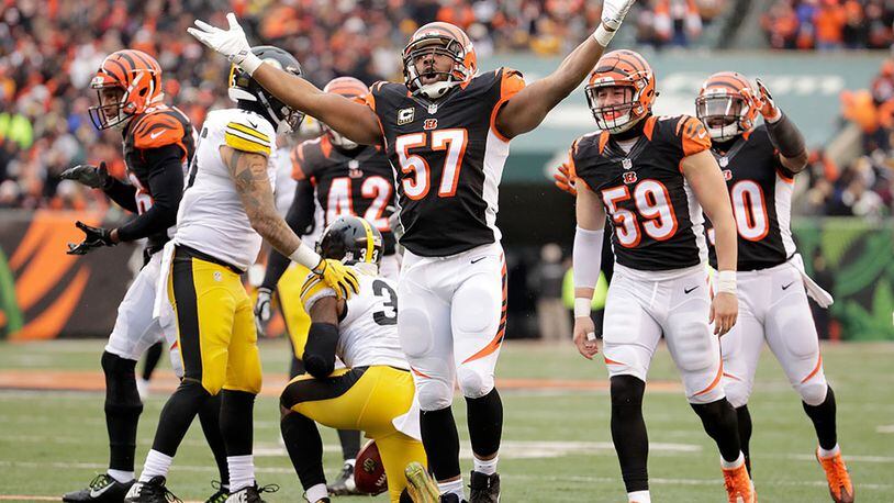 CINCINNATI, OH - DECEMBER 18: Vincent Rey #57 of the Cincinnati Bengals celebrates after making a defensive stop during the second quarter of the game against the Pittsburgh Steelers at Paul Brown Stadium on December 18, 2016 in Cincinnati, Ohio. (Photo by Andy Lyons/Getty Images)