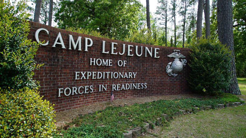 The main gate to Camp Lejeune Marine Base outside Jacksonville, N.C., is shown on Friday, April 29, 2022. (AP Photo/Allen G. Breed)