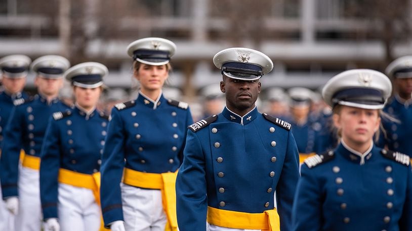Cadets march onto the terrazzo to start the Air Force Academy’s class of 2020 graduation ceremony in Colorado Springs, Colorado, on April 18, 2020. There were 967 cadets who crossed the stage to become the Air Force/Space Force’s newest second lieutenants. U.S. AIR FORCE PHOTO/ANA SIQUEIROS