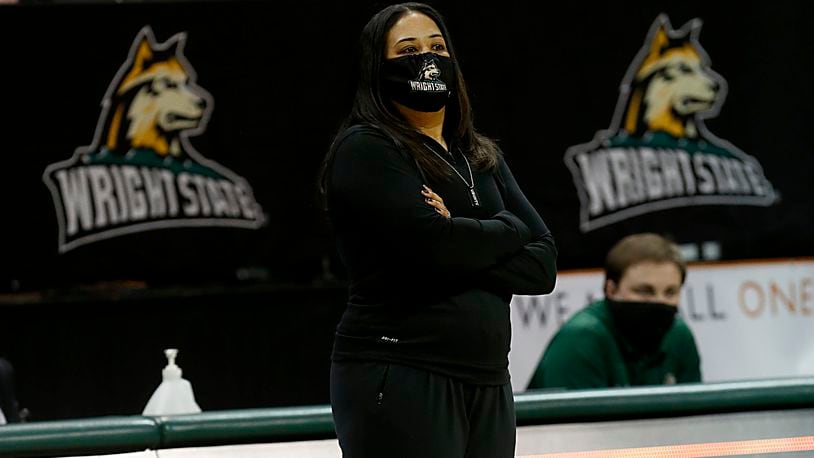 Wright State head coach Katrina Merriweather watches her team play Northern Kentucky during a Horizon League quarterfinal at the Nutter Center in Fairborn Mar. 2, 2021. Wright State won 74-56. E.L. Hubbard/CONTRIBUTED