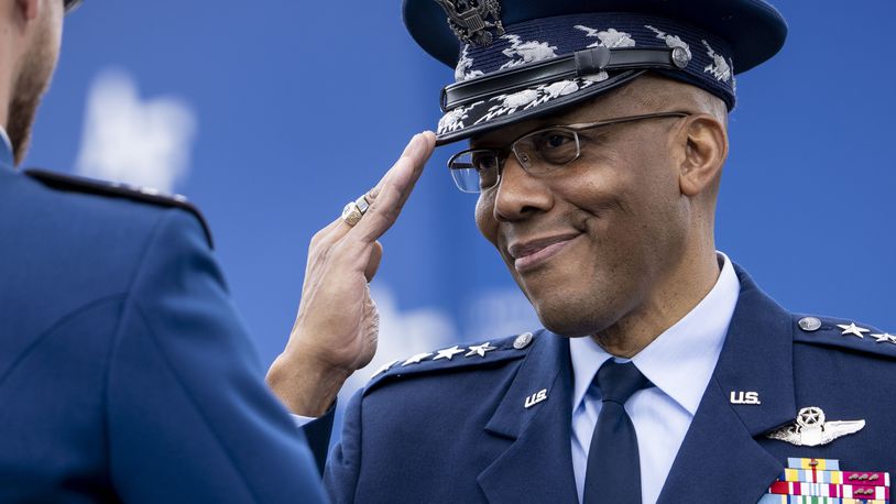 FILE — Gen. Charles Q. Brown, the Air Force chief of staff, salutes President Joe Biden during the Air Force Academy commencement ceremony in El Paso County, Colorado, on Thursday, June 1, 2023. Brown’s nomination as chairman of the Joint Chiefs of Staff is set to receive a Senate vote after Senator Chuck Schumer moved to push three military nominations ahead. (Doug Mills/The New York Times)