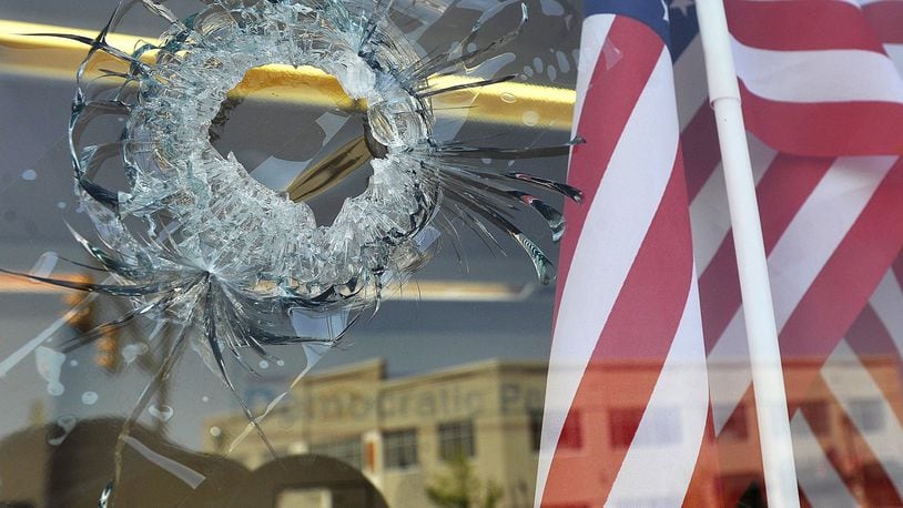 Sometime over the last weekend someone fired several shots into the Greene County Democratic Headquarters in Xenia. MARSHALL GORBYSTAFF Sometime over the last weekend someone fired several shots into the Greene County Democratic Headquarters in Xenia. MARSHALL GORBYSTAFF