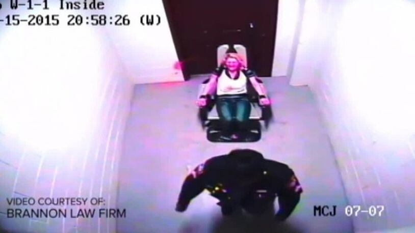 A screen grab from video taken at the Montgomery County Jail showing Amber Swink in a restraint chair. Swink sued after being pepper-sprayed by Capt. Judith Sealey.