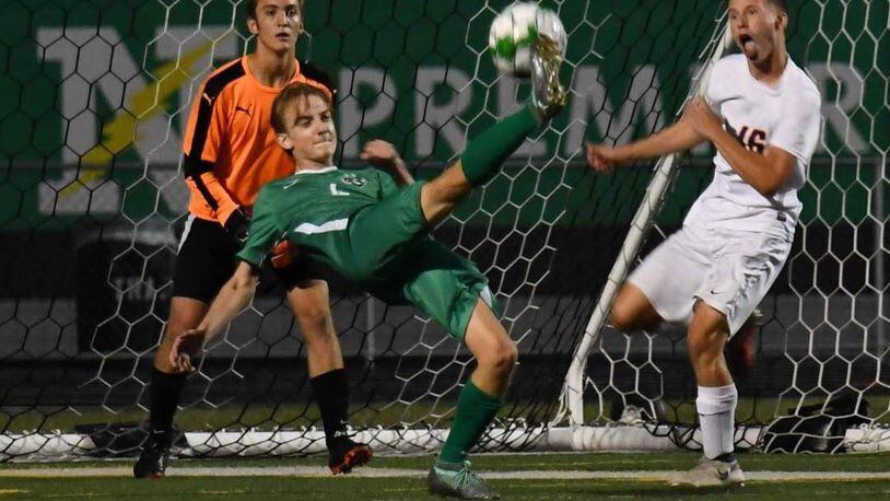 Gavin Lucas tries to score on a bicycle kick for the Northmont High School soccer team. Lucas is one of Northmont’s Class of 2020 valedictorians. CONTRIBUTED PHOTO