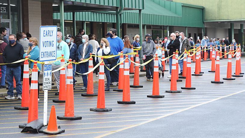 Hundreds of people lined up at the Greene Board of Election on Wednesday to vote early in the 2020 Presidential Election.