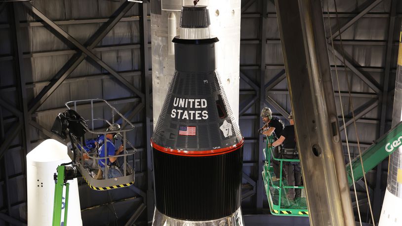 Restoration specialists at the National Museum of the U.S. Air Force installed an LV-3B/SM-65D Atlas rocket inside the museum's Missile Gallery on April 29 after a three-year restoration. (U.S. Air Force photo by Ty Greenlees)