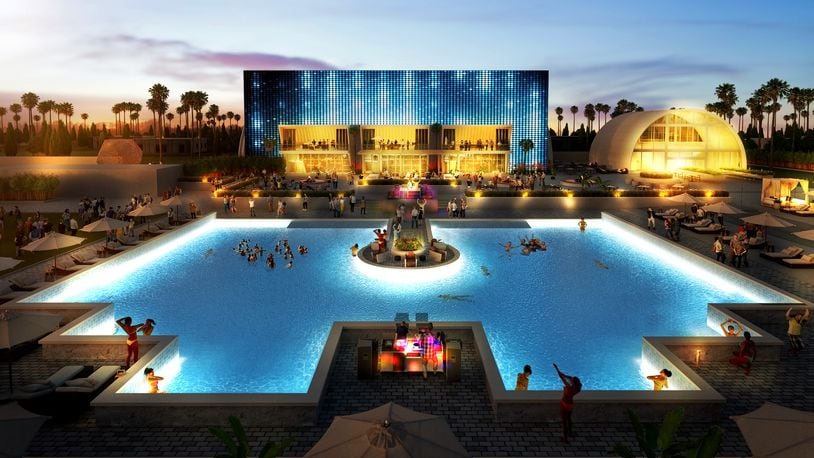 Artist rendering of a plush Hotel Indigo resort being built in Indio, Calif., is expected to cater to attendees of music festivals, golf tournaments and other events in the Coachella Valley. Among its features will be a 10,000-square-foot, chilled saltwater pool and group lodging, where casitas with as many as six private rooms will share common dining and recreation areas. (RealSpace/TNS)