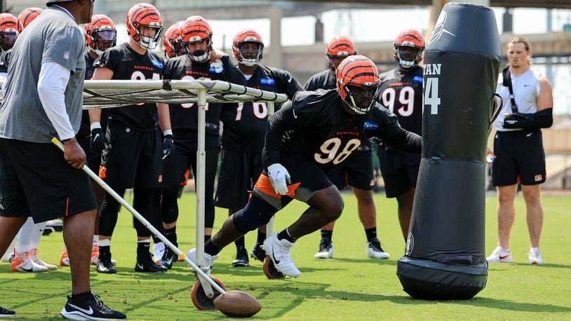 Cincinnati Bengals' D.J. Reader runs a drill during NFL football practice in Cincinnati, Wednesday, July 28, 2021. (AP Photo/Aaron Doster)