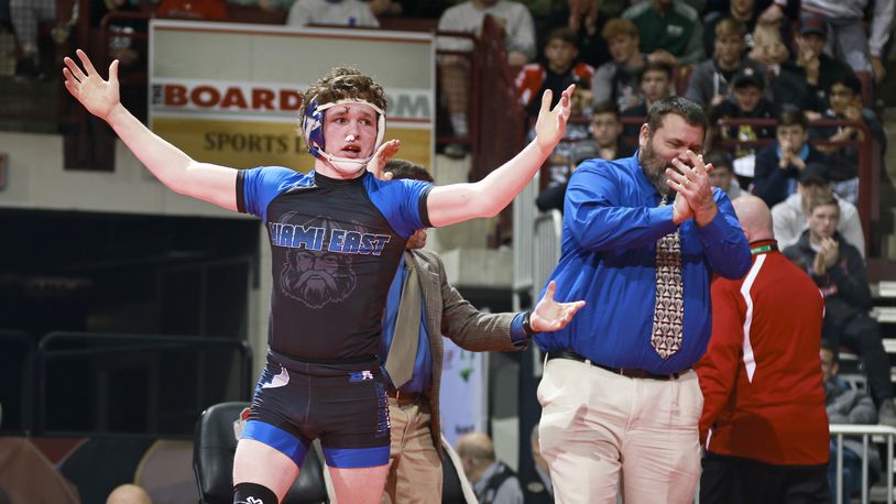 Graham Shore of Miami East won a D-III state championship at 120 pounds during the OHSAA State Wrestling Tournament at Value City Arena in Columbus last month. BARBARA J. PERENIC / COLUMBUS DISPATCH