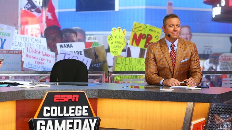 NEW YORK, NY - SEPTEMBER 23:  GameDay host Kirk Herbstreit is seen during ESPN's College GameDay show at Times Square on September 23, 2017 in New York City.  (Photo by Mike Stobe/Getty Images)