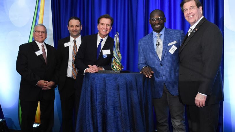 From left to right: Richard Shively, West Chester-Liberty Chamber Alliance chair; José Castrejon, Everest Committee chair; Larry Connor, founder and managing partner of The Connor Group; Solomon Wilcots, former NFL player and event keynote speaker; and Joseph Hinson, West Chester-Liberty Chamber Alliance president and chief executive. CONTRIBUTED