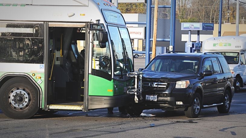 No injuries were reported after an RTA bus and SUV crashed on Linden Avenue near the Eastown Shopping Center in Riverside on Friday, Nov. 6, 2020. MARSHALL GORBY/STAFF