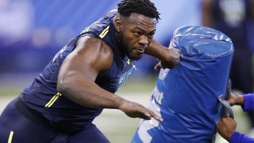 INDIANAPOLIS, IN - MARCH 05: Defensive lineman Larry Ogunjobi of Charlotte participates in a drill during day five of the NFL Combine at Lucas Oil Stadium on March 5, 2017 in Indianapolis, Indiana. (Photo by Joe Robbins/Getty Images)