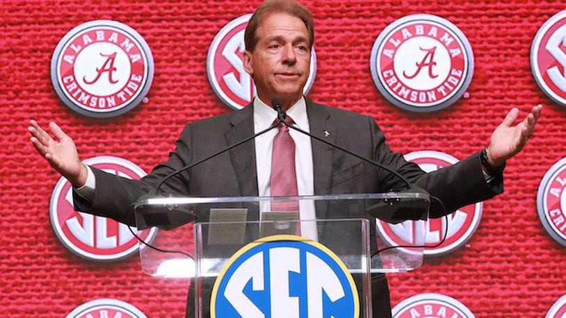 Alabama head coach Nick Saban holds his SEC Media Days press conference at the College Football Hall of Fame on Wednesday, July 18, 2018, in Atlanta, Ga. (Curtis Compton/Atlanta Journal-Constitution/TNS)