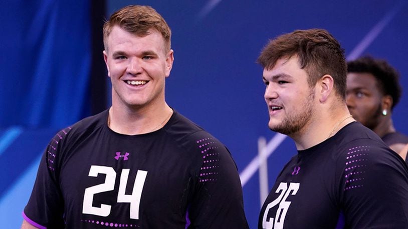 INDIANAPOLIS, IN - MARCH 02: Notre Dame offensive linemen Mike McGlinchey (L) and Quenton Nelson look on during the 2018 NFL Combine at Lucas Oil Stadium on March 2, 2018 in Indianapolis, Indiana. (Photo by Joe Robbins/Getty Images)
