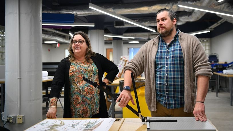 Library Director Rachelle Via (left) and Maker Lab manager Elijah Stephens talk about Troy's new Maker Lab, which opens Monday on the second floor of the Hobart Center for County Government.