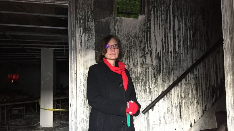 Bethel AME Church in Lebanon caught fire Dec. 13, 2017. Pastor Karen Schaeffer stands inside on Dec. 21, 2017. BONNIE MEIBERS/STAFF