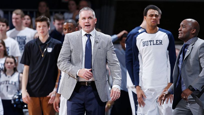 INDIANAPOLIS, IN - FEBRUARY 13: Head coach Chris Holtmann of the Butler Bulldogs reacts in the second half of the game against the Xavier Musketeers at Hinkle Fieldhouse on February 13, 2016 in Indianapolis, Indiana. Xavier defeated Butler 74-57. (Photo by Joe Robbins/Getty Images)