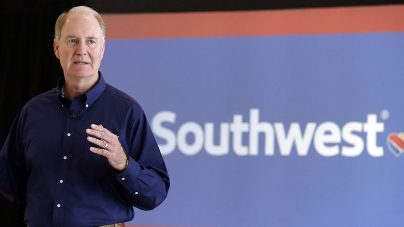 FILE - In this Thursday, Oct. 8, 2015, file photo, Southwest Airlines CEO Gary Kelly speaks during a preview of the new international concourse at Houston Hobby Airport in Houston. Southwest Airlines says it plans to stop overbooking flights, an industry practice implicated in an ugly incident on a United Express flight that has damaged United's reputation with the flying public. In 2016, Southwest bumped 15,000 passengers off flights, more than any other U.S. airline. (AP Photo/Pat Sullivan, File)